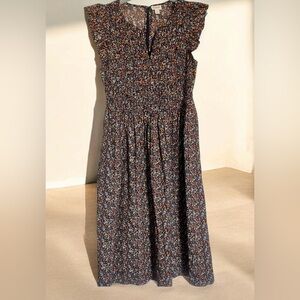 J.Crew .. Navy Multi Floral Smocked Flutter Sleeve Midi Dress Size S